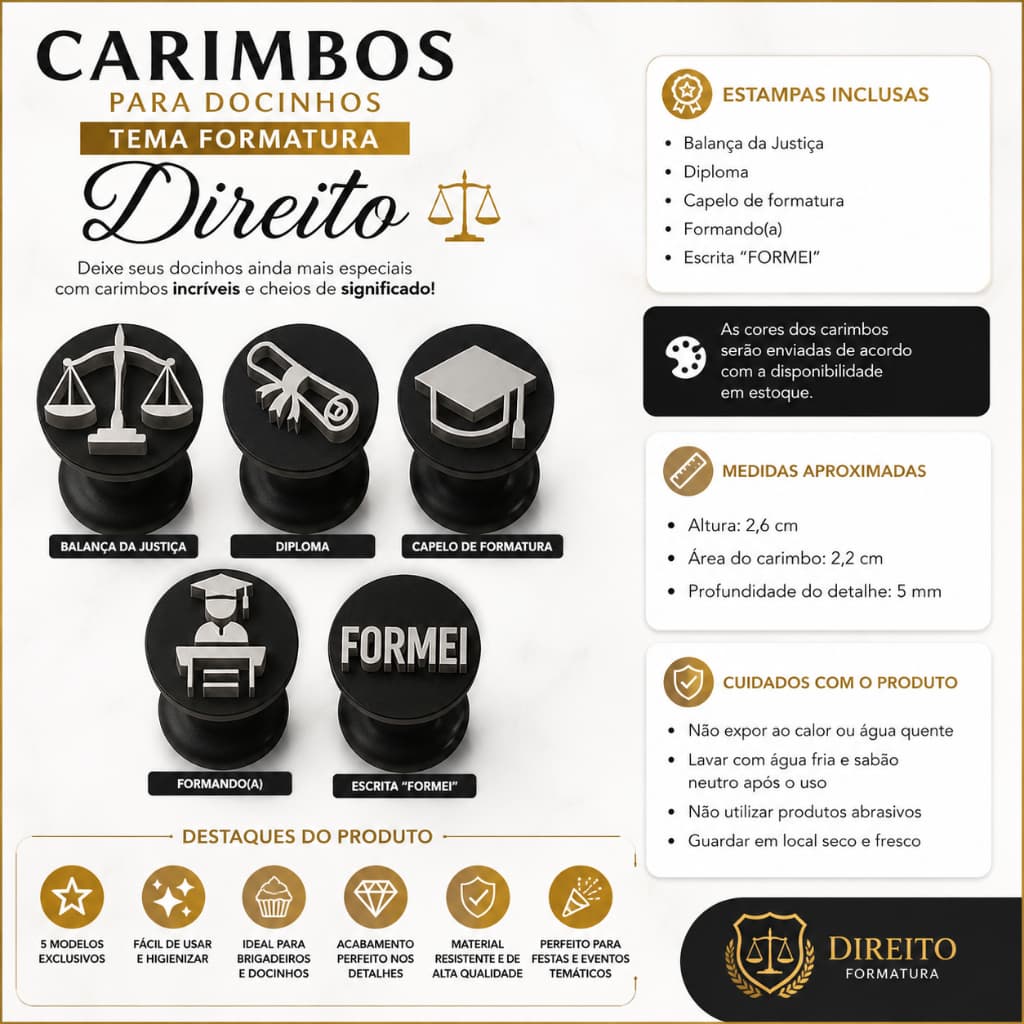 Formatura Direito Kit 5 Carimbos para Docinho Personalize Doces Gourmet Confeitaria Profissional