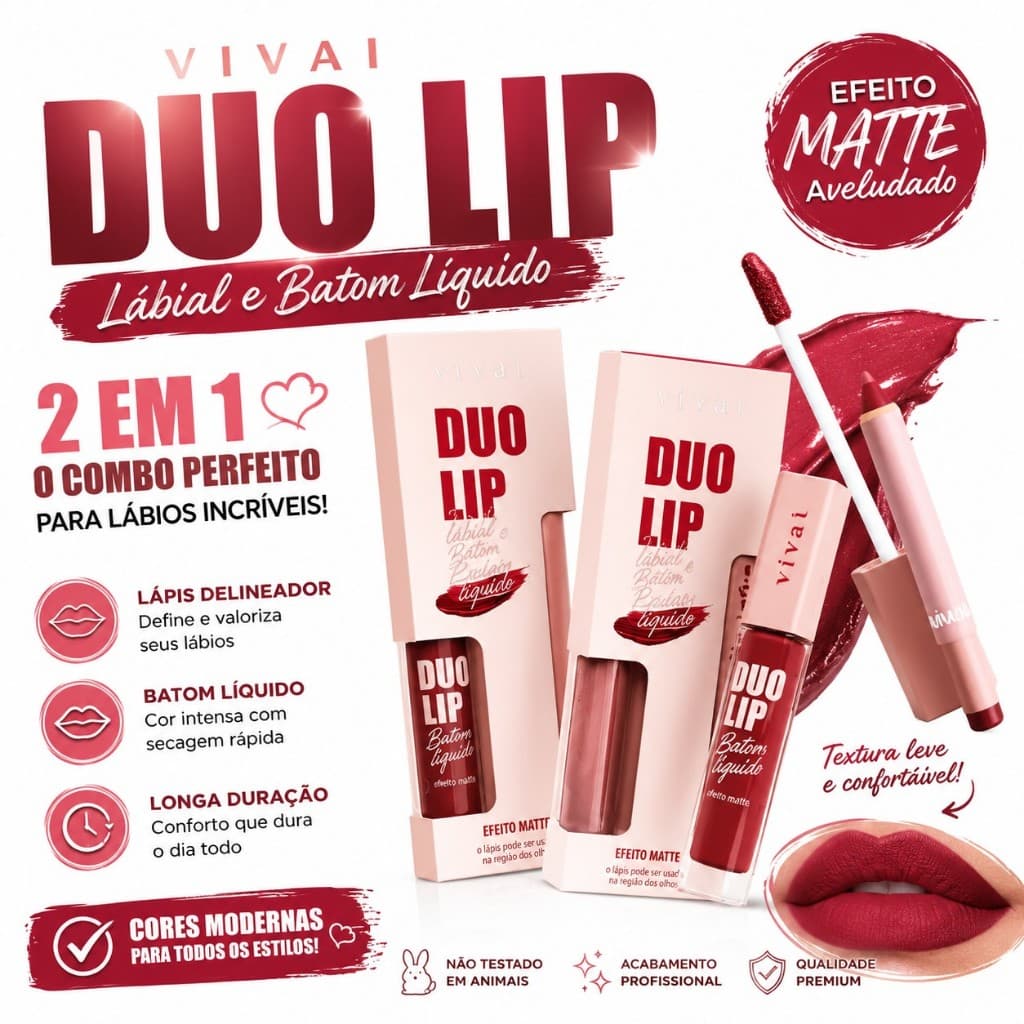 Kit Batom Matte Vivai Duo Lip com Lápis Labial 2 em 1 Efeito Aveludado