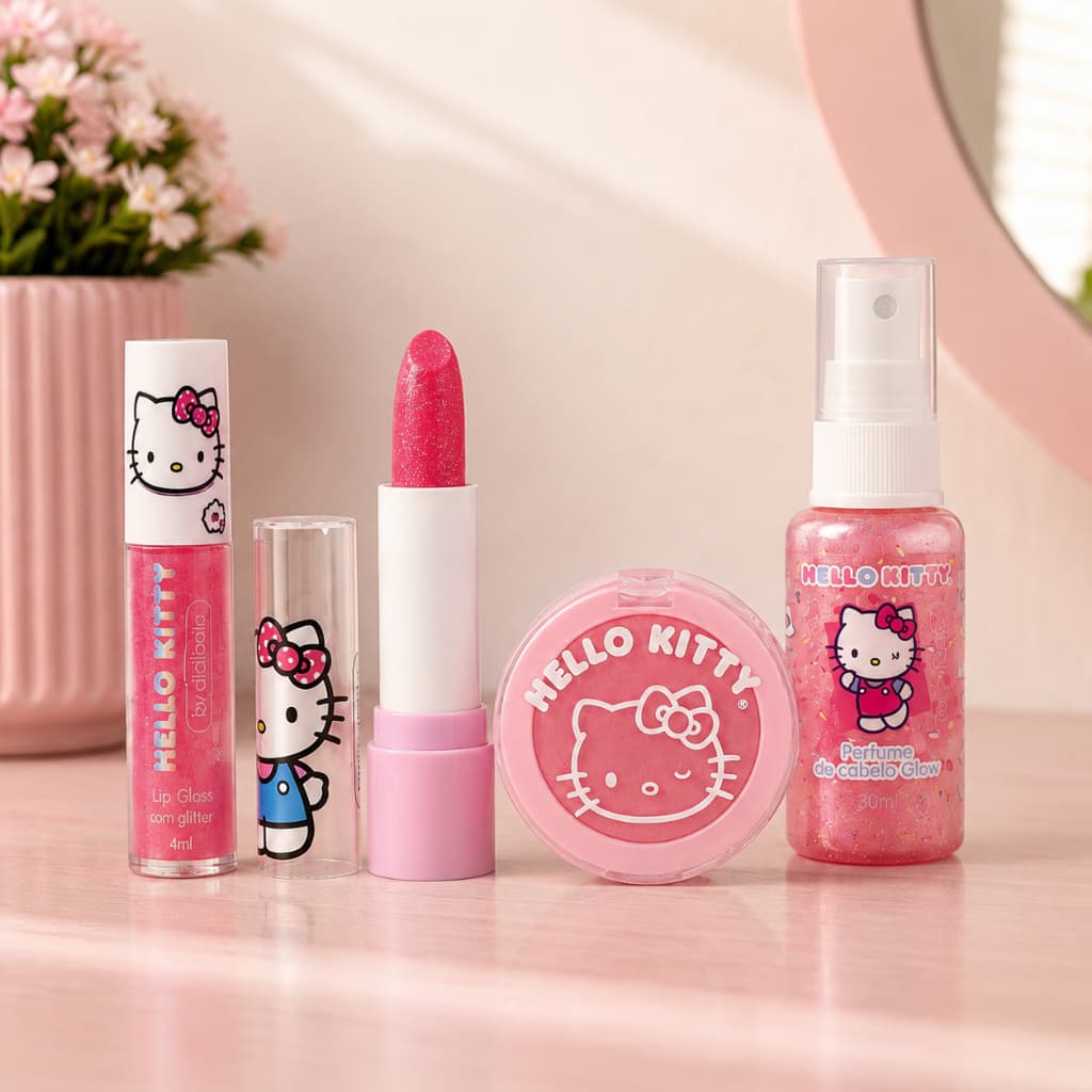 Kit Batom Lip Gloss Glitter Blush Cremoso Spray Perfume Cabelo Presente Hello Kitty Infantil