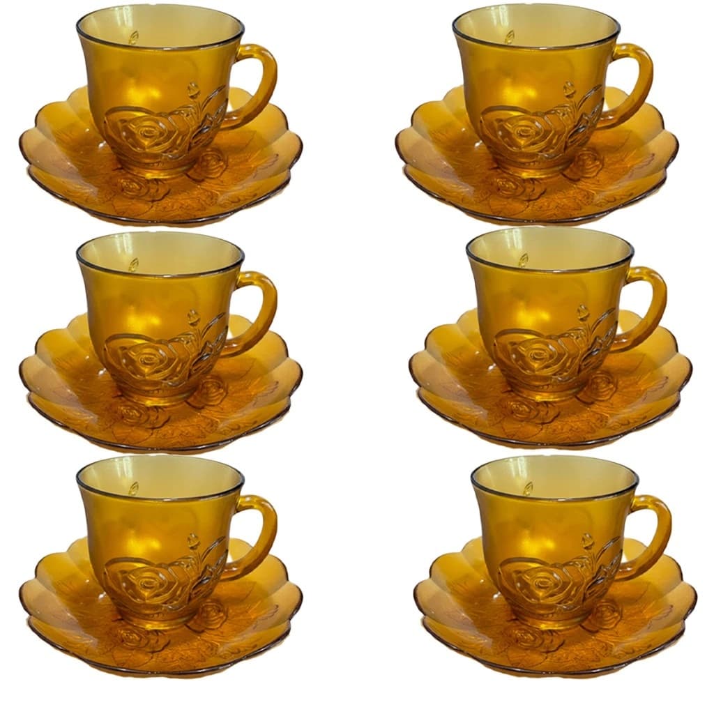 Jogo Kit de Xicaras 12 Peças de Vidro Decorado Cor Ambar 6 Xicaras e 6 Pires Resistente Café e Chá