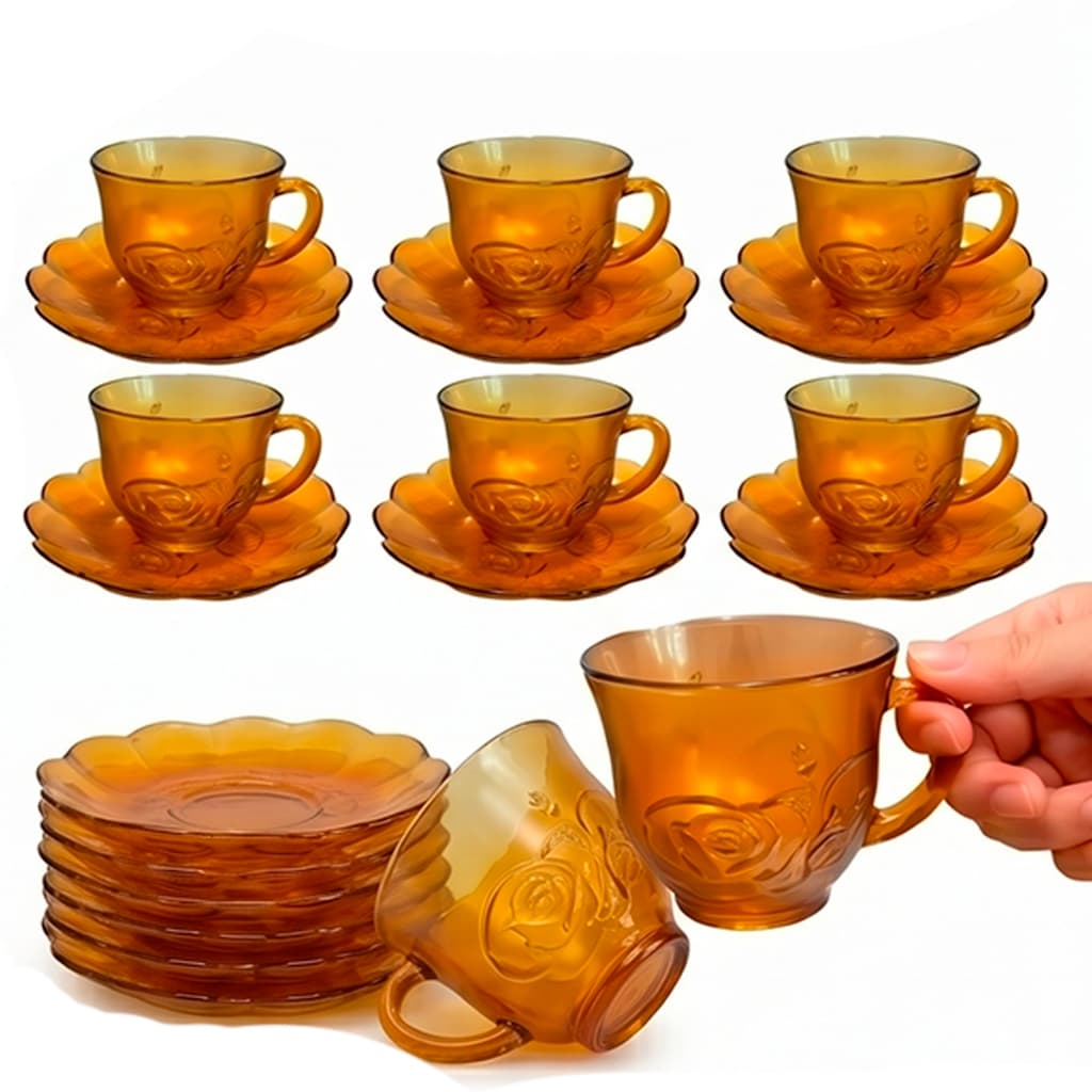 Jogo Kit de Xicaras 12 Peças de Vidro Decorado Cor Ambar 6 Xicaras e 6 Pires Resistente Café e Chá