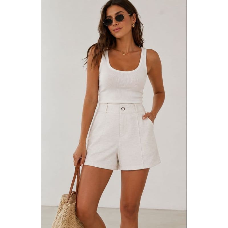 Short Alfaiataria Feminino Linho Off White Cintura Alta