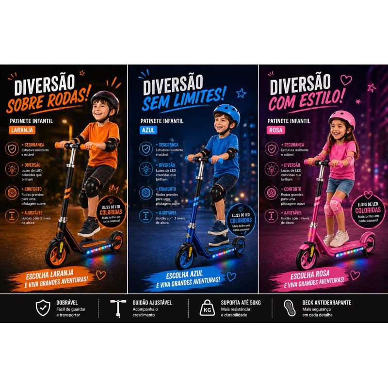 Patinete Elétrico Scooter Infantil Portátil Dobrável  Recarregável Luzes Led  Rosa Azul Laranja