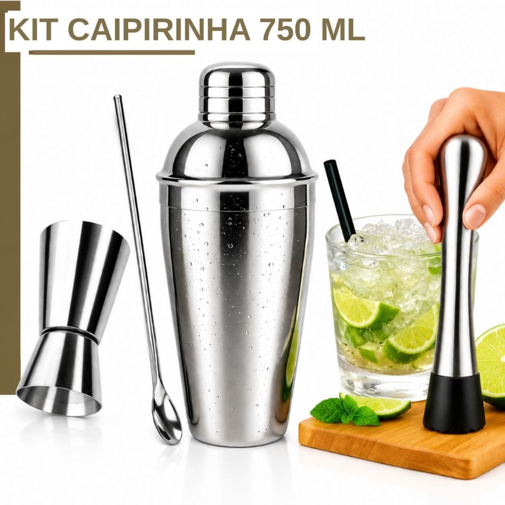 Kit Caipirinha Coqueteleira Profissional Inox 750 ML até 4 Peças Socador Dosador Colher Qualidade