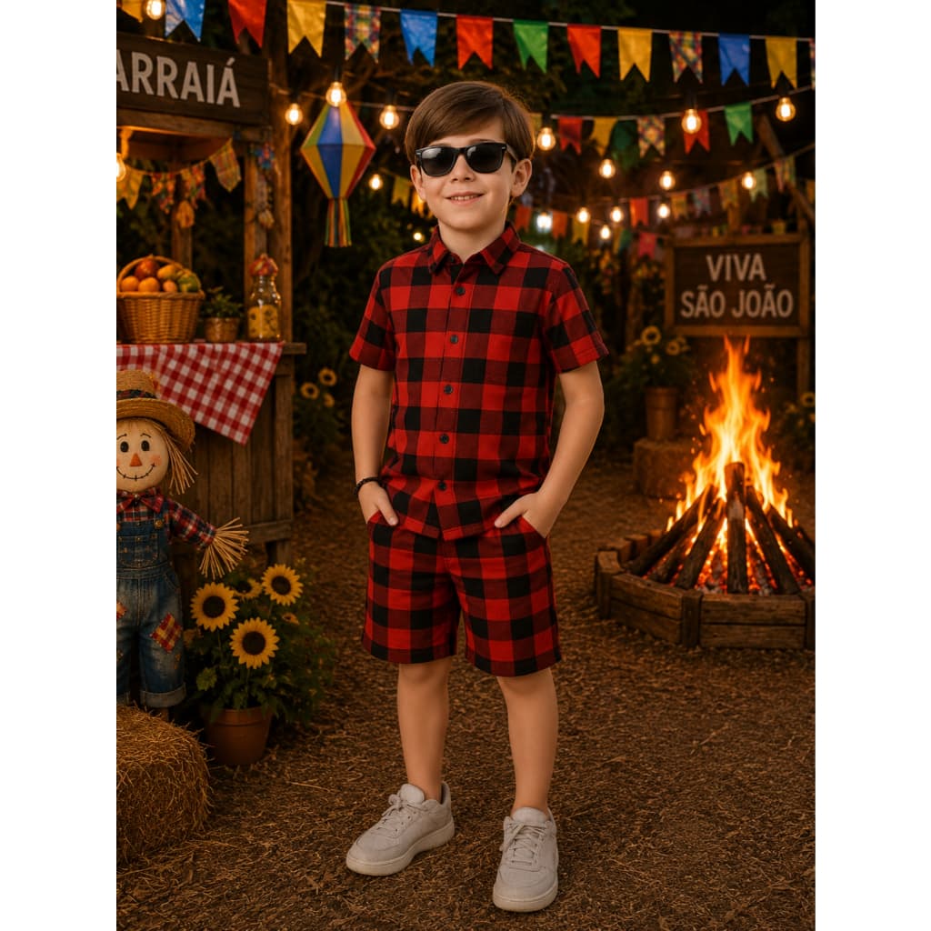 Conjunto Infantil Xadrez Menino Camisa Manga Curta e Shorts Estilo Mauricinho Festa Junina