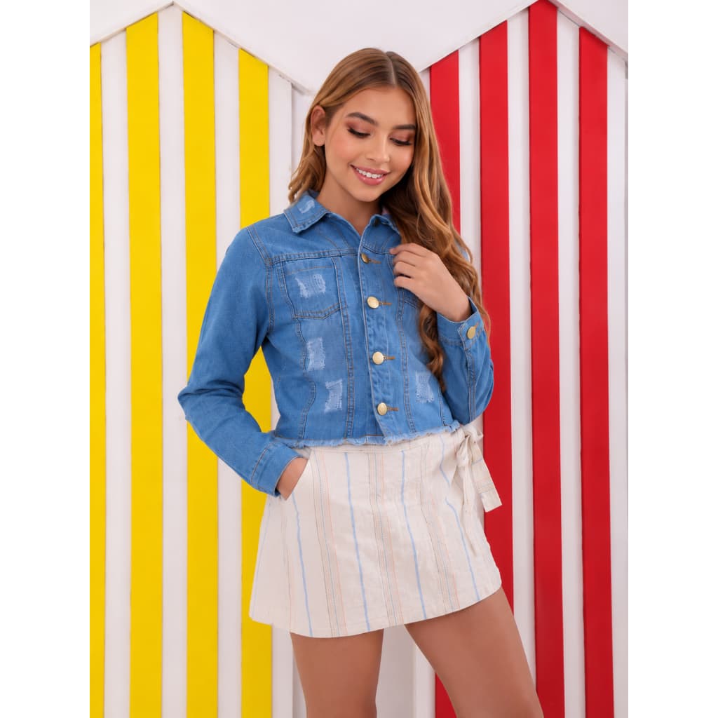 Jaqueta Jeans Juvenil Feminina Infantil Manga Longa com Botões Barra Desfiada Moderna 10 ao 16