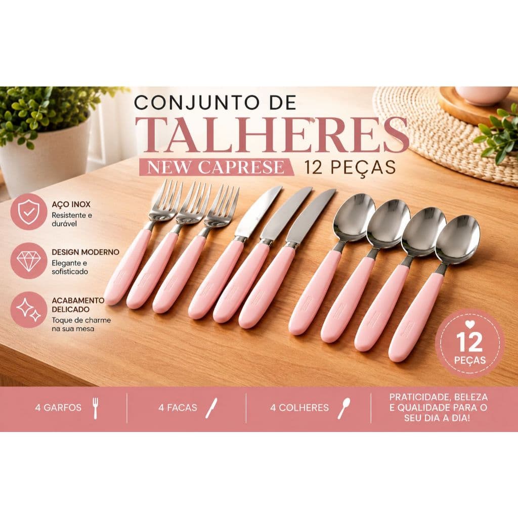 Conjunto de Talheres  12 Peças Rosa em Inox – Jogo Moderno Resistente para Cozinha e Mesa Posta