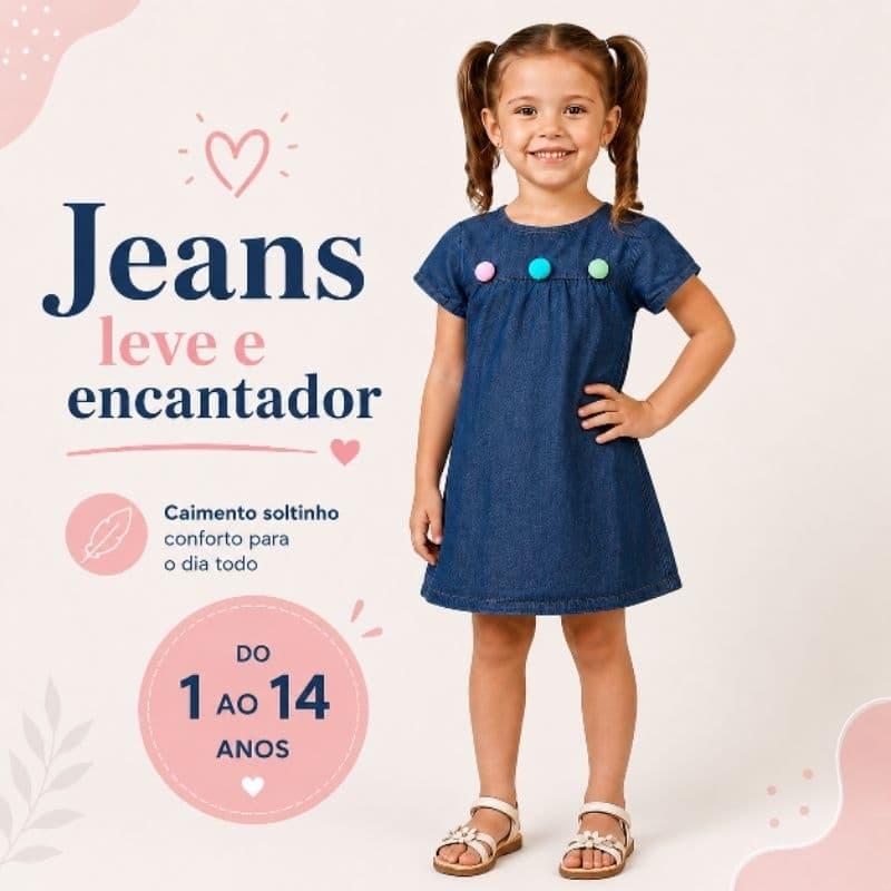 Vestido Jeans Leve Confortável Infantil e Juvenil menina 2 ao 14 Princesa bebe Casual Pompom