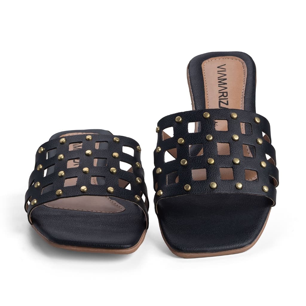 Rasteirinha Feminina Rasteira Casual Basica Com Cravinhos Dourado