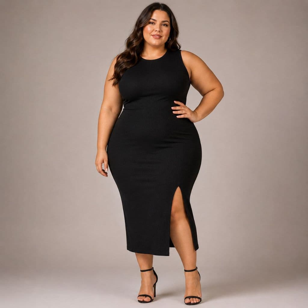 Vestido Feminino Mídi Regata Plus Size Gola Fenda Lateral Tecido Canelado Tendência