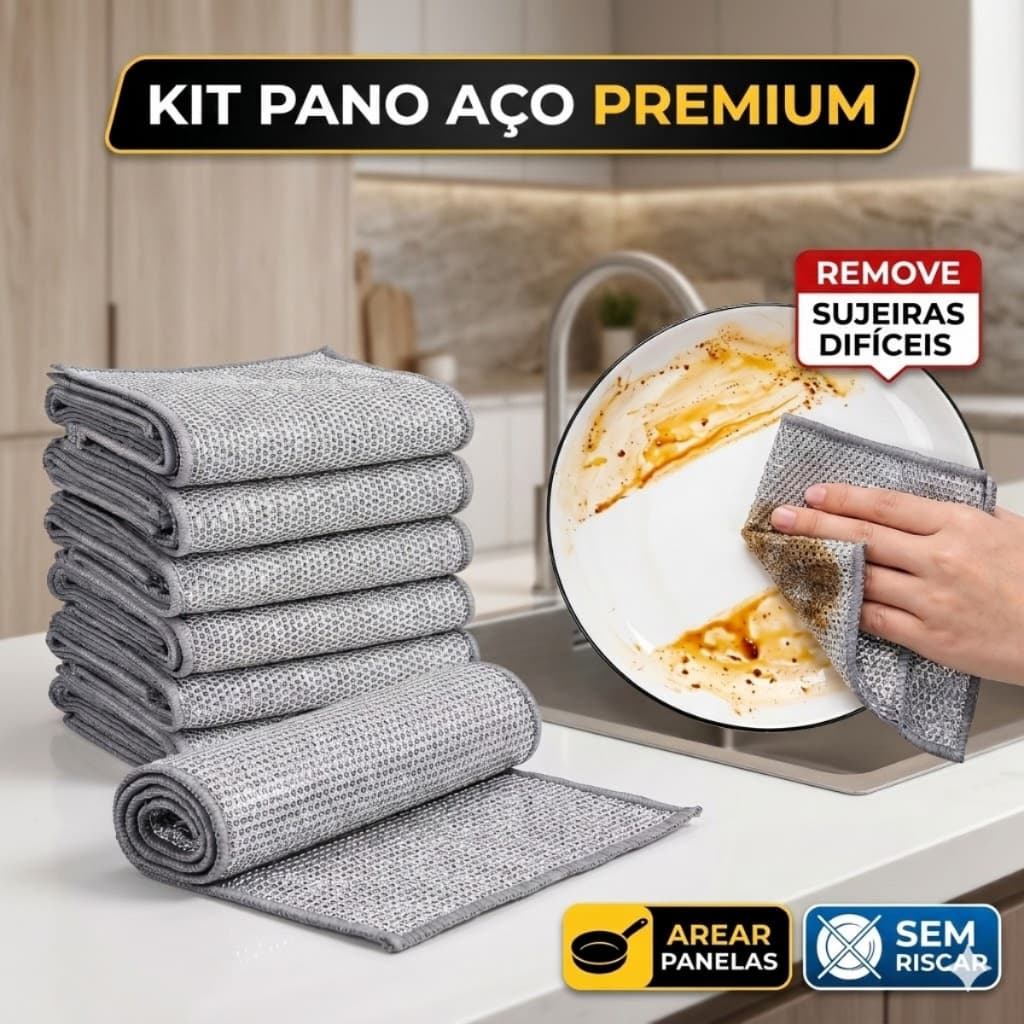 Kit Pano de Limpeza Cozinha Premium de Aço Multiuso Reutilizável Tira Gorduras Louças Fogão Panelas Limpeza Profunda