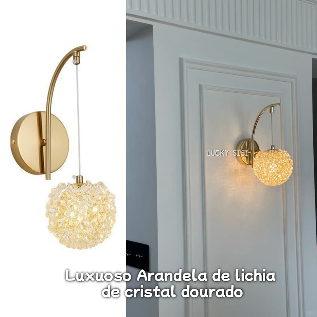 Luxuoso Arandela de lichia de cristal dourado para quarto e sala de estar,Lustre Pendente De Cristal Esfera Dourado