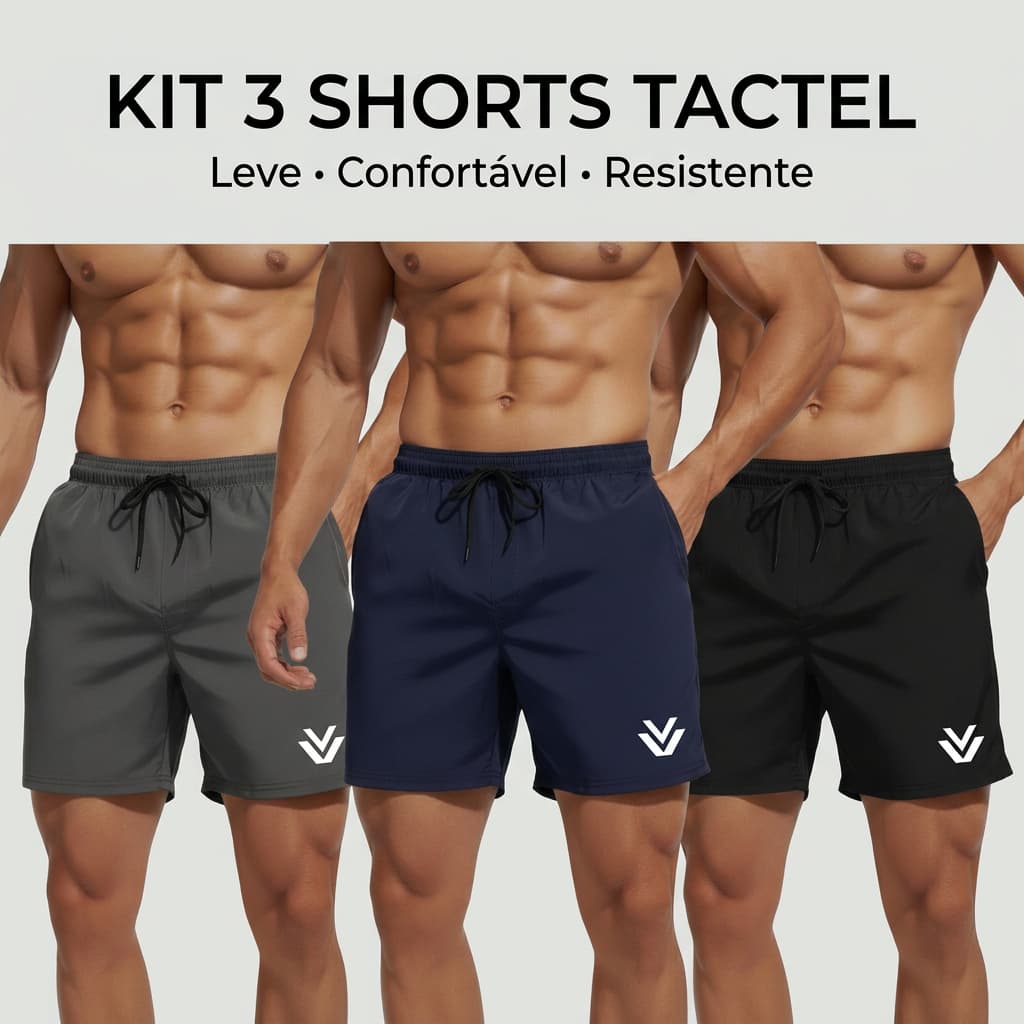 Kit 3 Shorts Tactel Masculinos com Bolsos Tactel Elastano Academia Treino Praia