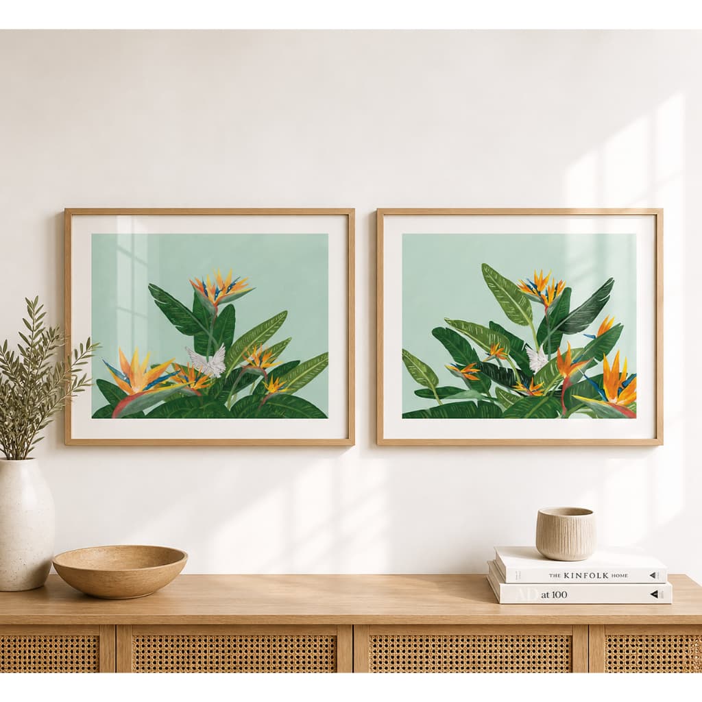Kit 2 Quadros Decorativos Folhagem Estrelícia e Pássaro de Fogo Sala de Estar Tropical Verde e Laranja Com Moldura