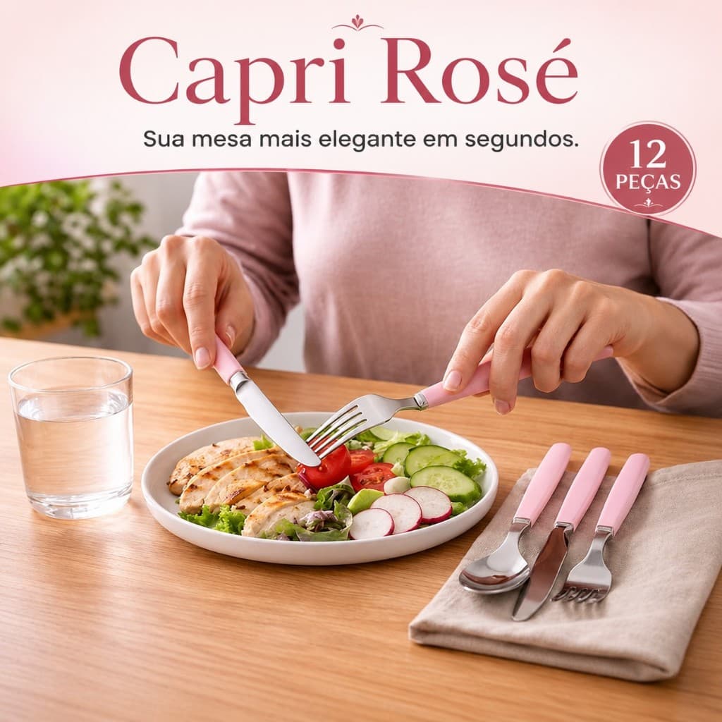 Jogo Conjunto de Talheres Capri Rosé 12 Peças Rosa Moderno Elegante para Mesa Posta Cozinha
