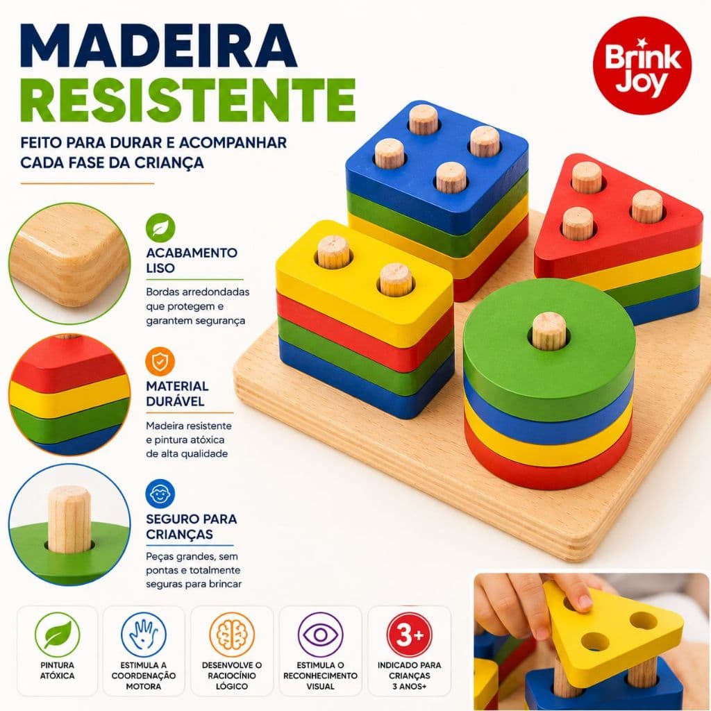 Brinquedo Pedagógico Infantil MDF Encaixe Formas Geométricas Coordenação Motora