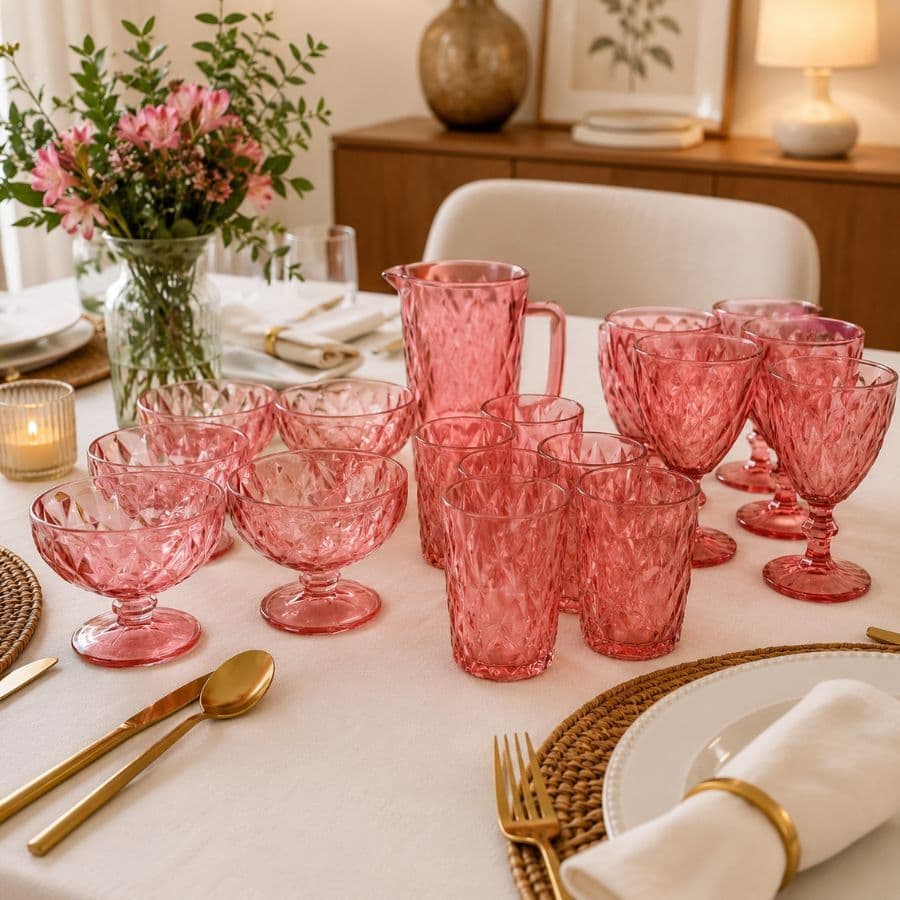 Kit Rosa Completo 6 Copos Rosa 350ml 6 Taças Rosa 340ml 6 Taça Sobremesa 310ml