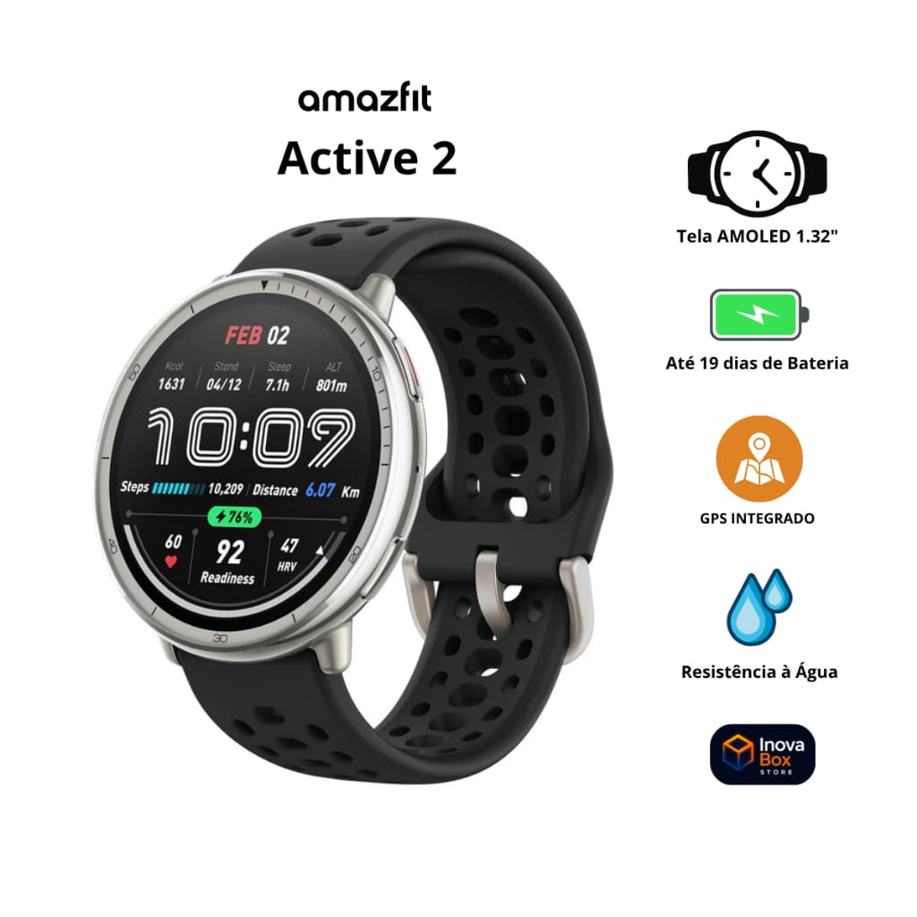 Relógio Smartwatch Amazfit Active 2 Round – Bluetooth | GPS | 5ATM | AMOLED | Bateria longa | Monitor de Saúde