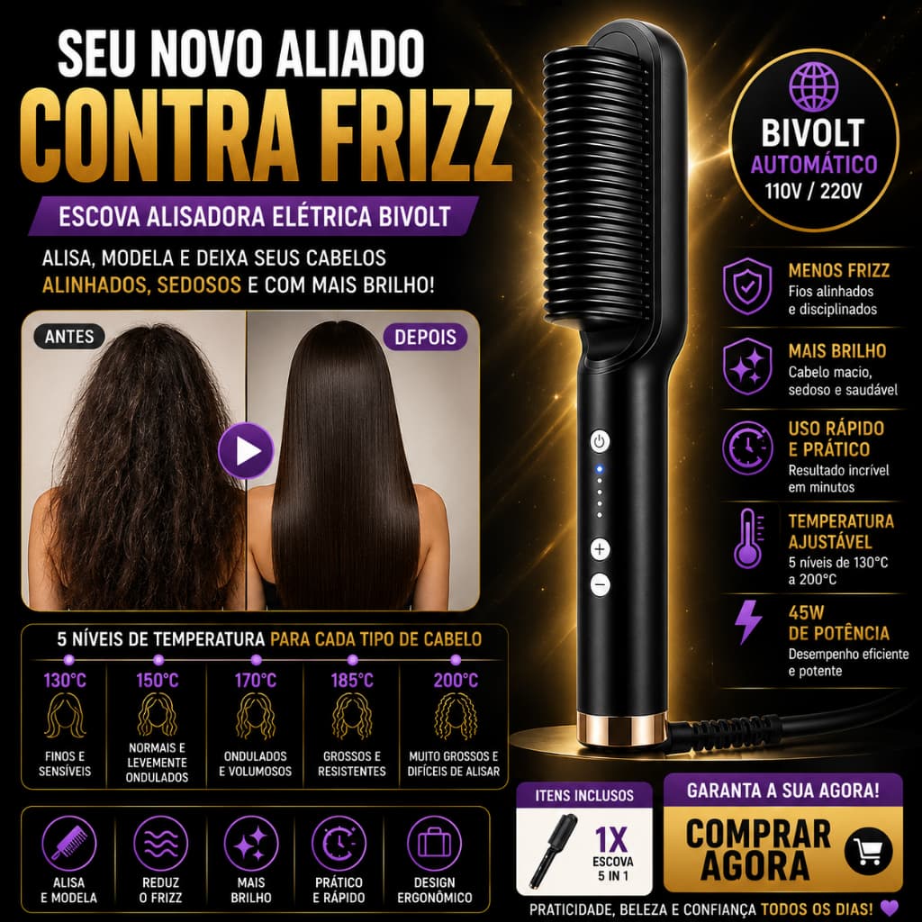 Escova Alisadora Elétrica Bivolt 5 Em 1 Temperatura Ajustável 130°C a 200°C Profissional
