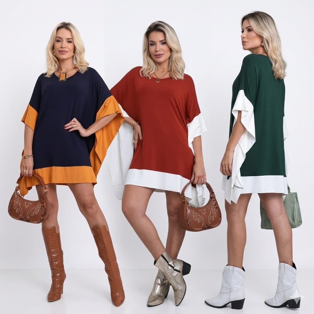 vestido feminino curto moderno bicolor elegante confortável soltinho casual marga morcego estiloso tendência diferenciad