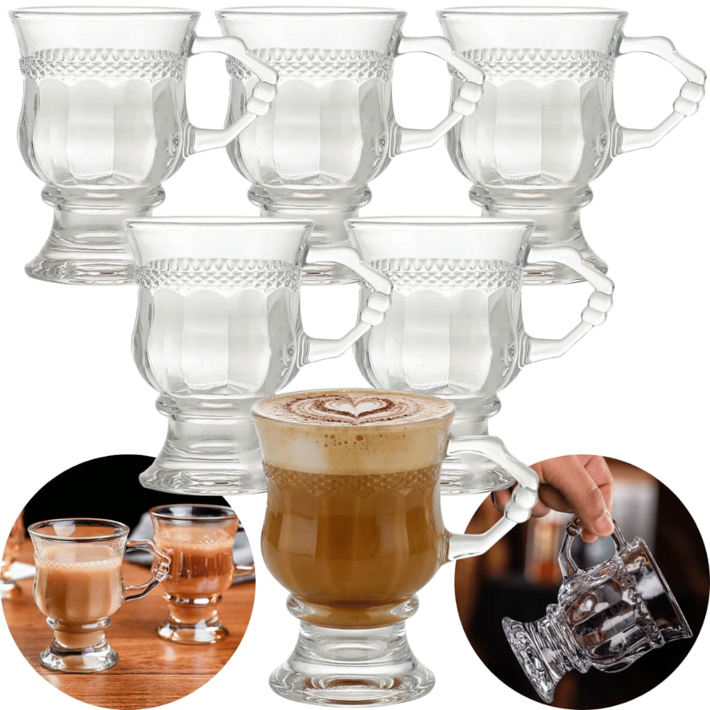 6 Xicaras Café Sem Pires 140 Ml Transparente Base e Alça Decorada Servir Café Chá Capuccino Leite