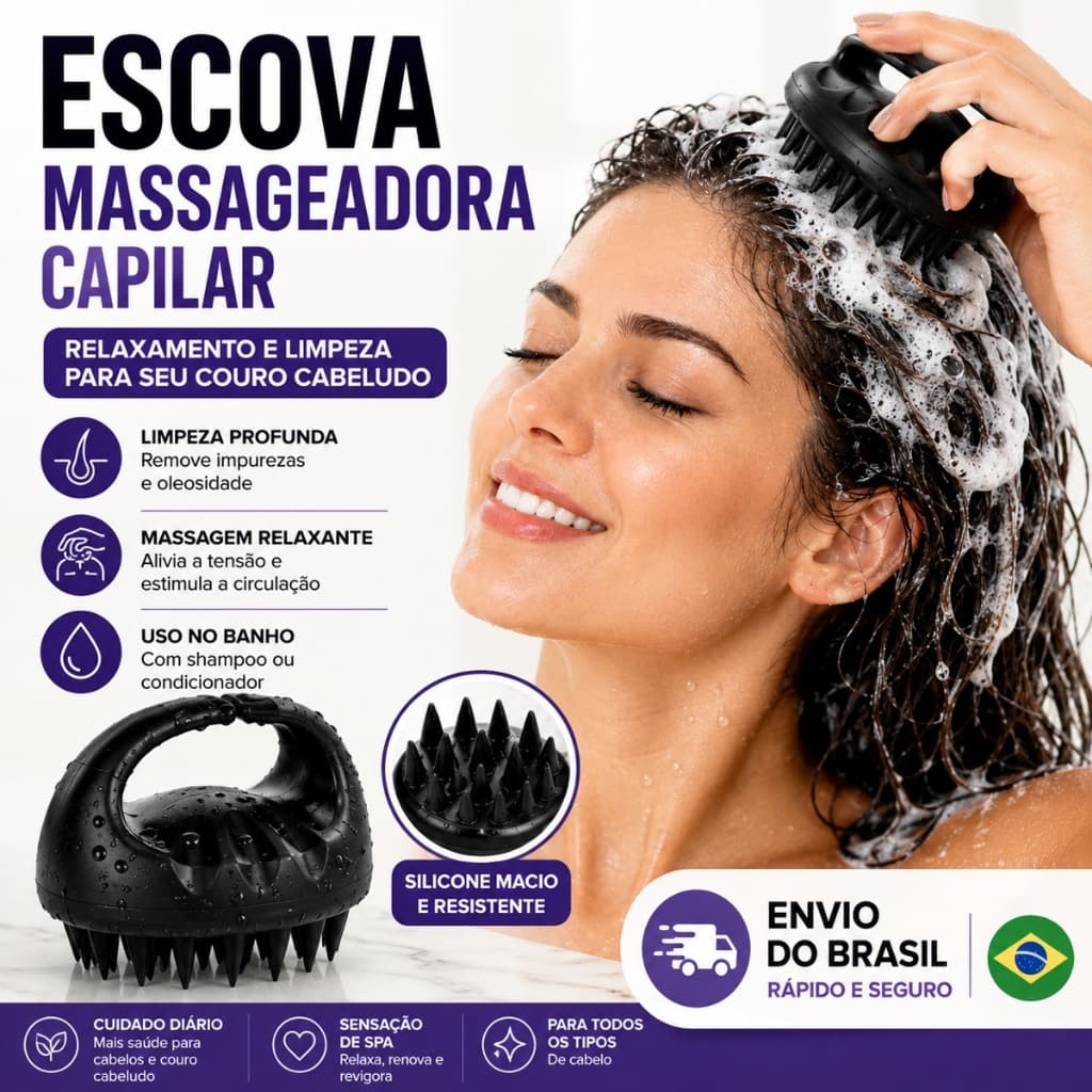 Escova Massageadora Capilar Silicone Relaxante Limpeza Profunda Couro Cabeludo Spa