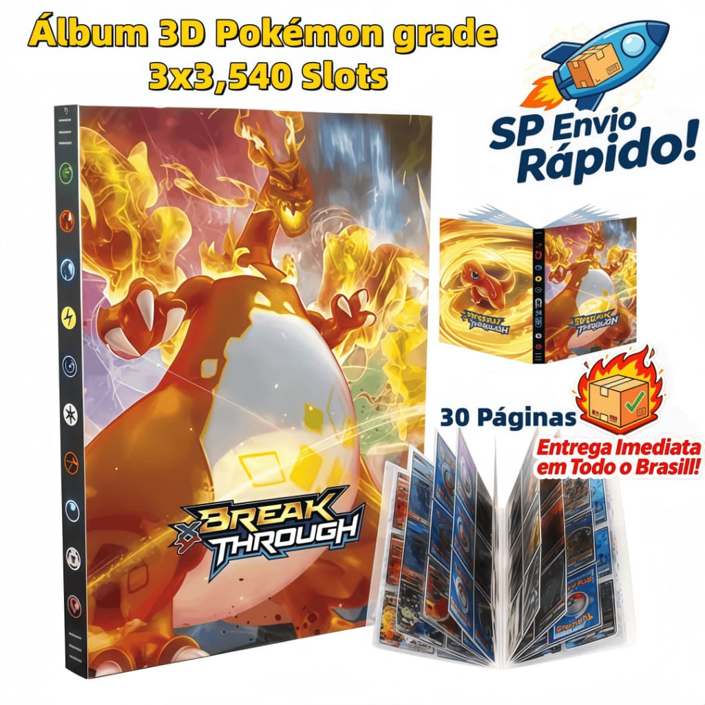 Álbum 3D Pokémon 240/540Slots–Charizard,Presente Infantil,Protege e Organiza Cartas para Pokémon TCG