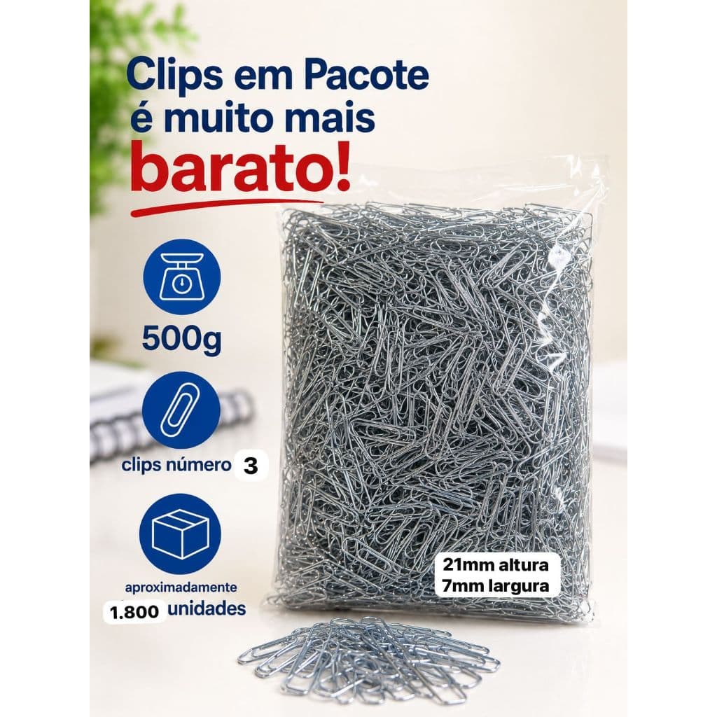 Clips para Papel 500g aproxim 1000 clips 1/0 (0) / n 2 / n 3 Prata em Pacote
