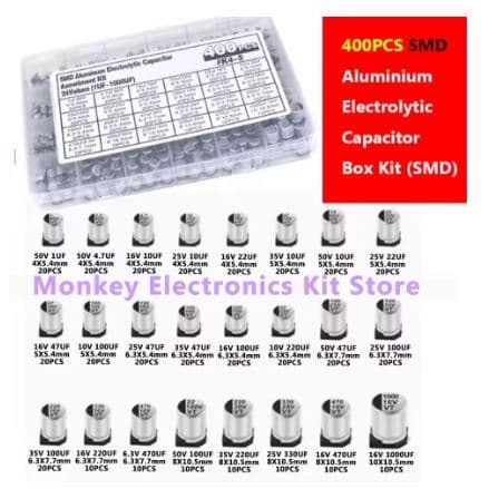 Kit 400 Capacitor Eletrolítico de Alumínio SMD Condensadores Electrolíticos 1uf ~ 1000uf 6.3v-50v 24
