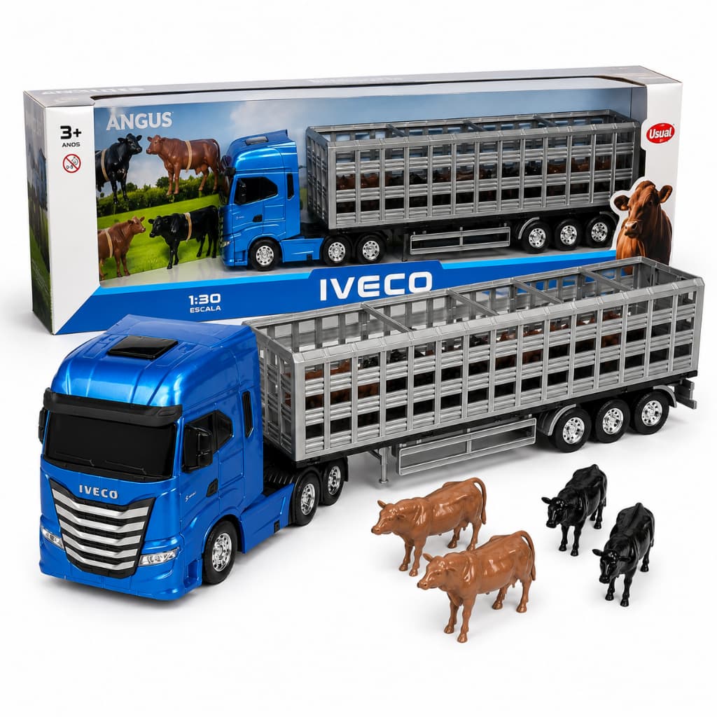 Caminhão Boiadeiro Brinquedo Fazendinha Iveco S-Way 53cm Com Bois Animais Infantil Menino Grande