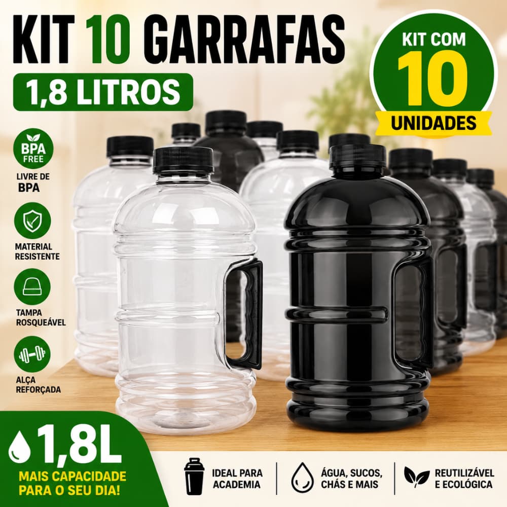 Kit 10x Garrafas de Água 1.8L Academia Funcional Trabalho Atacado Com Alça Envio Imediato