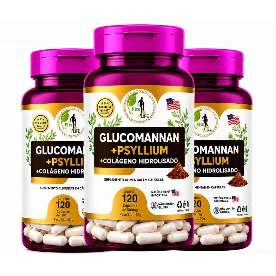 3x Glucomannan + Psyllium + Colágeno Hidrolisado 120 Cápsulas – Suplemento Natural - Envio Imediato