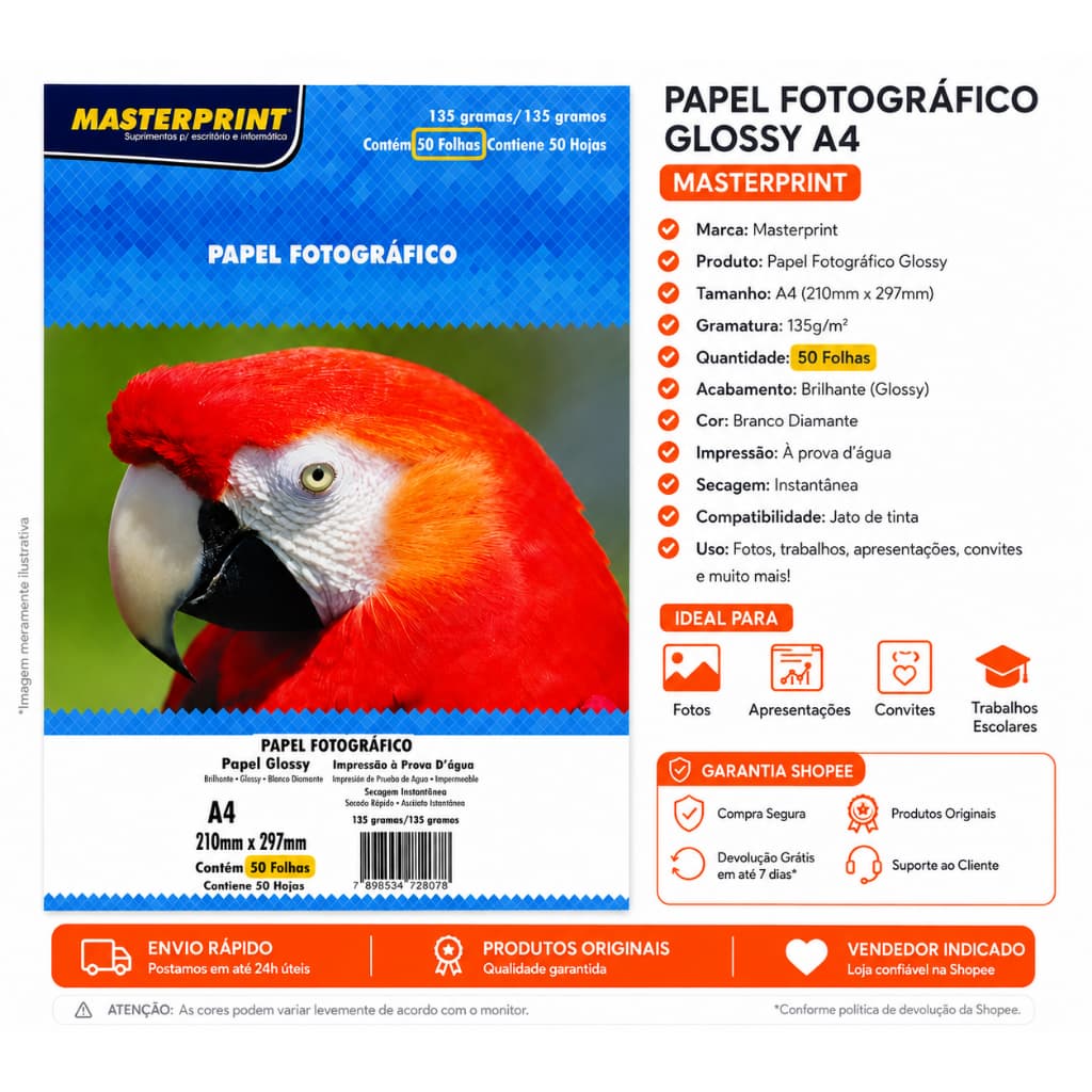 Papel Fotográfico A4 135g Glossy Brilhante À Prova D’Água 50 Folhas