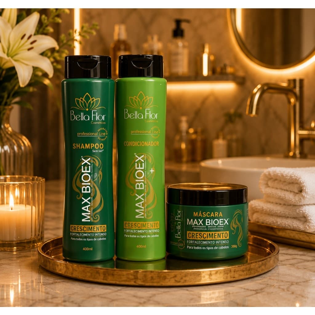 Kit Capilar Max Bioex 3 Produtos Shampoo Condicionador Máscara Bella Flor Hidratação Reparação Profissional