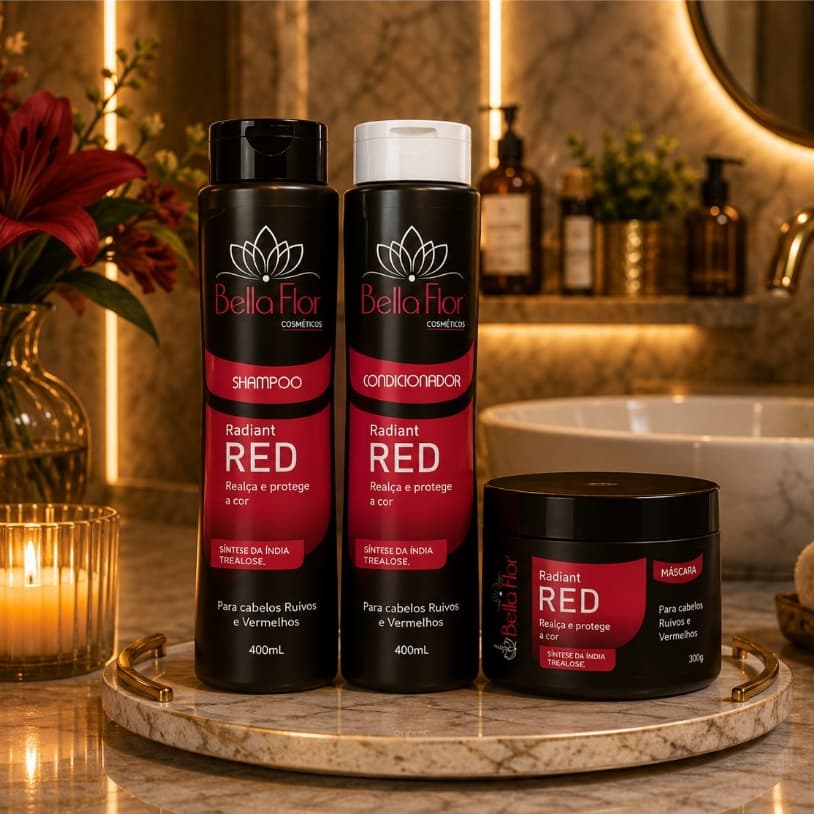 Kit Capilar Radiante Red 3 Produtos Shampoo Condicionador Máscara Bella Flor Ruivos Brilho Profissional