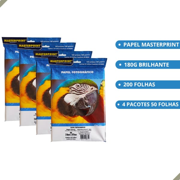 Papel Fotográfico Foto 180g A4 Artesanato Brilhante Secagem Rápida Glossy MASTERPRINT - 200 Folhas