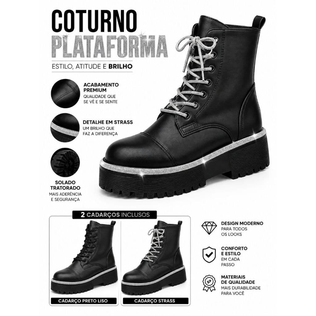 Bota Coturno Feminino Plataforma Basico ou com Strass