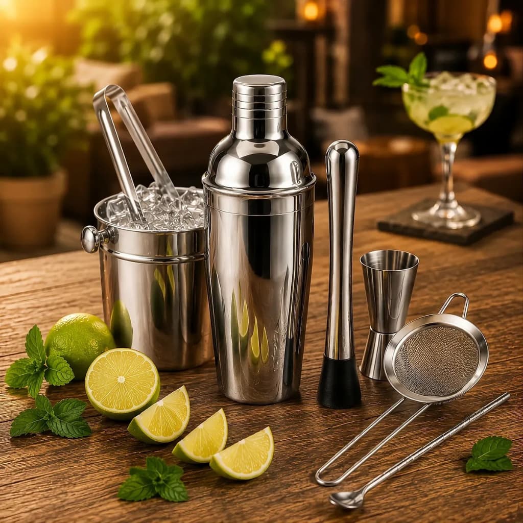 Kit Bartender Profissional Completo 7 Peças Inox - Coqueteleira + Balde de Gelo | Envio Imediato