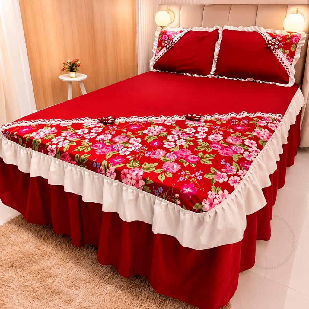 Colcha de Casal Fuxico com Babado Padrão Premium Cama Posta Elegante Paris Oxford Luxo 3 Peças