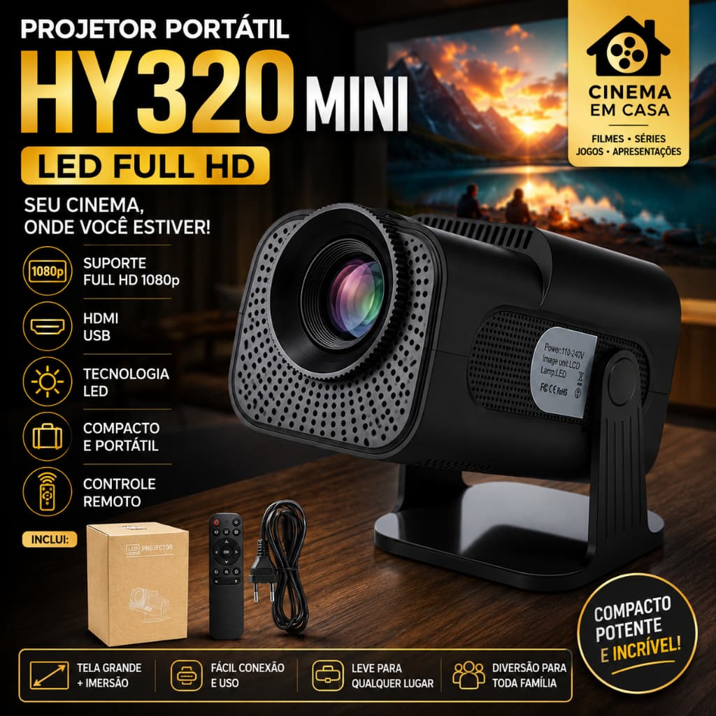 Projetor Portátil HY320 Mini LED Full HD 1080p HDMI USB Cinema Em Casa Preto