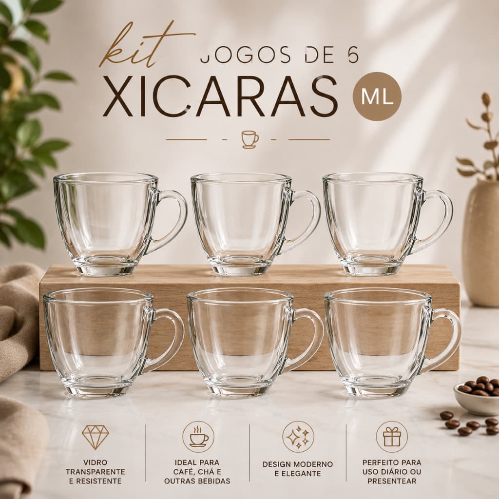 Jogo de 6 Xícaras Em Vidro 150ml Kit Canecas Para Chá Café