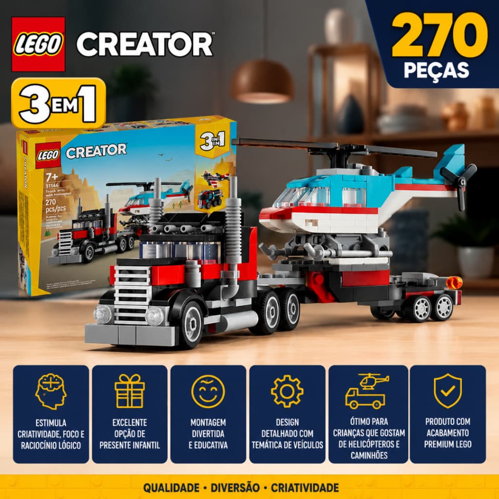 Lego Creator Caminhão Com Plataforma E Helicóptero, Avião 3 Em 1- 31146 Brinquedo Infantil Lego