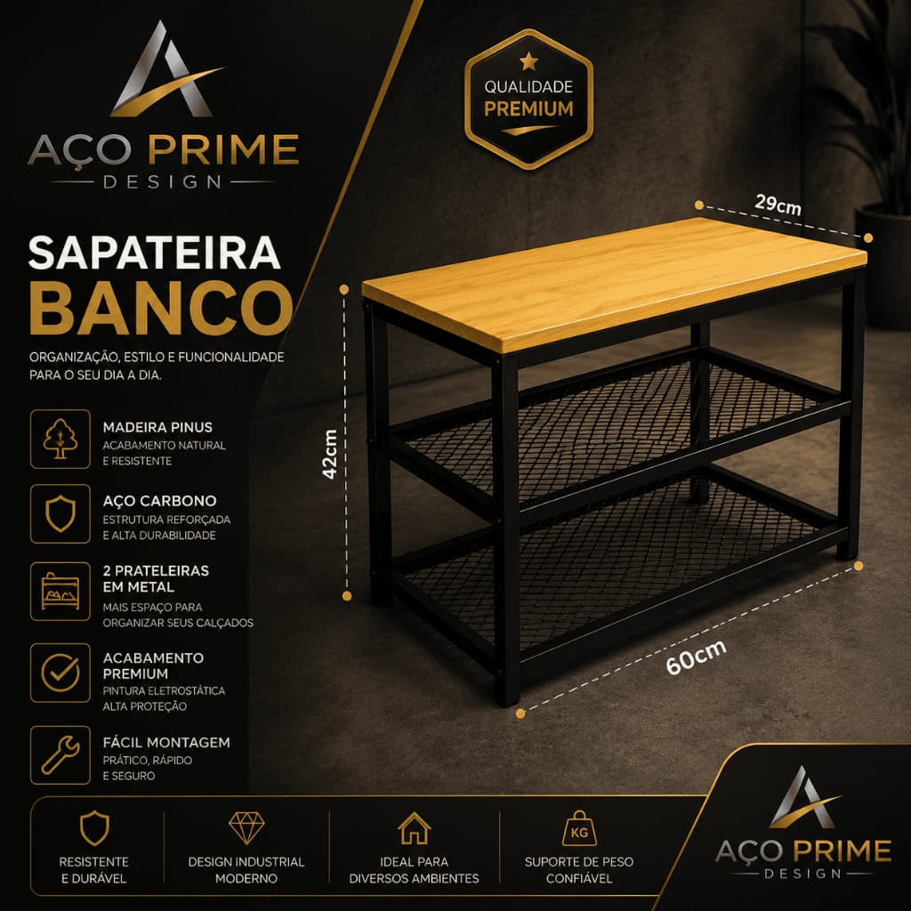 Sapateira Banco 60cm Estilo Industrial