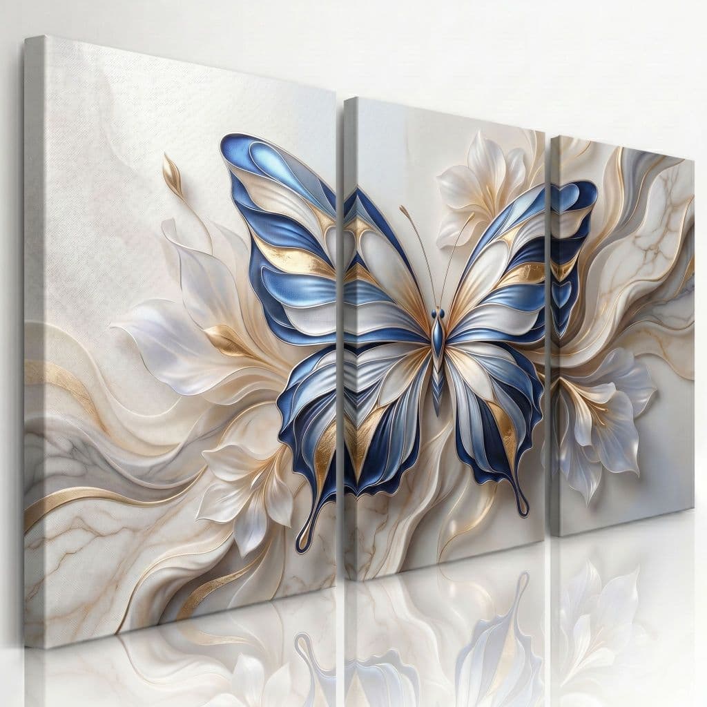 Kit Quadro Decorativo 122x60cm Flores Brancas Borboleta Azul Ouro Luxuoso Clean Sala Escritório