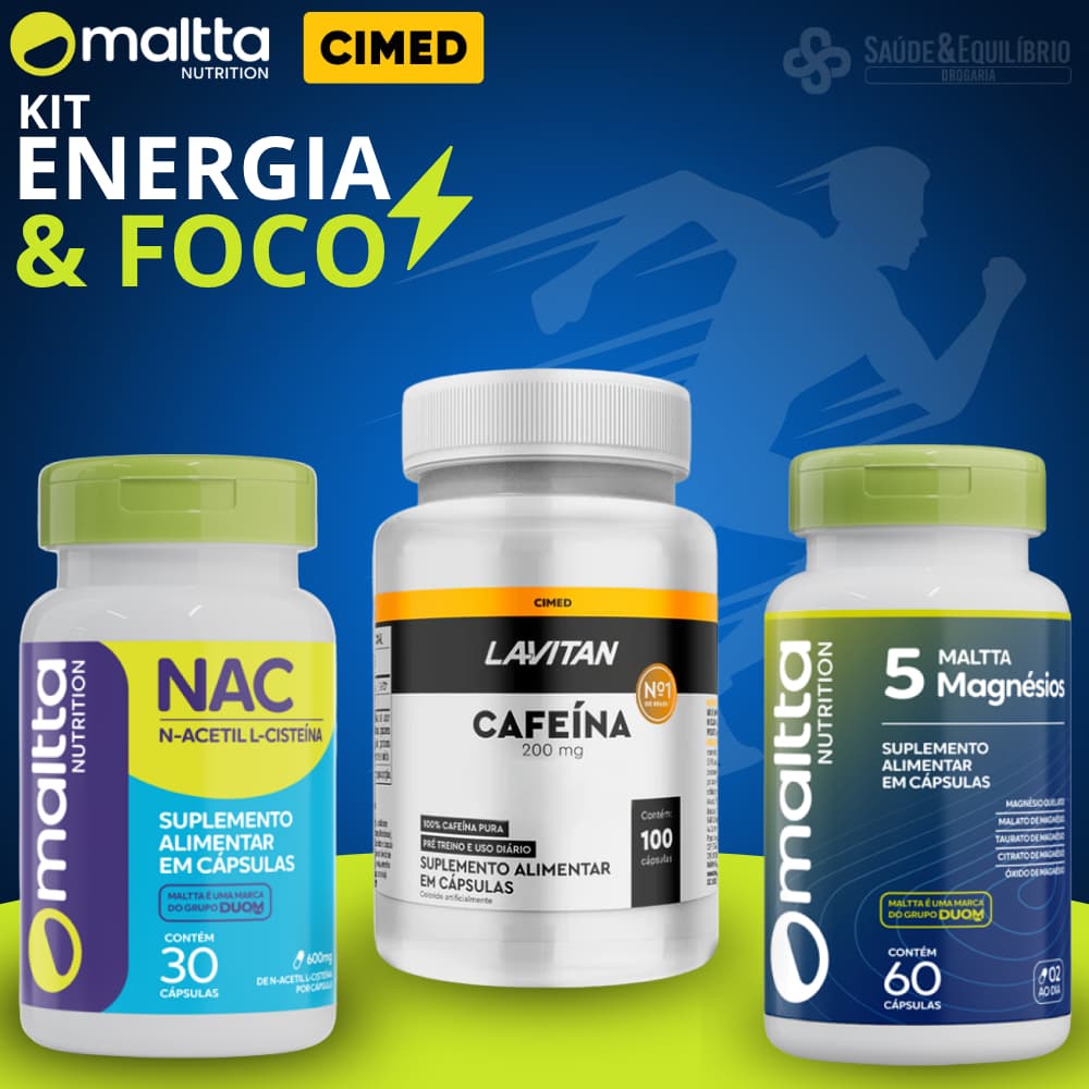 Kit Energia e Foco NAC + Cafeína + 5 Magnésios Disposição Concentração Performance