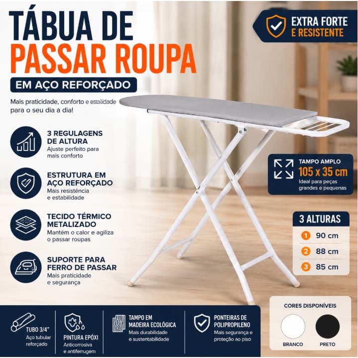 Mesa Tabua de Passar Roupa Retrátil Dobrável 3 Andares com Porta Ferro e Tecido Térmico Reforçado