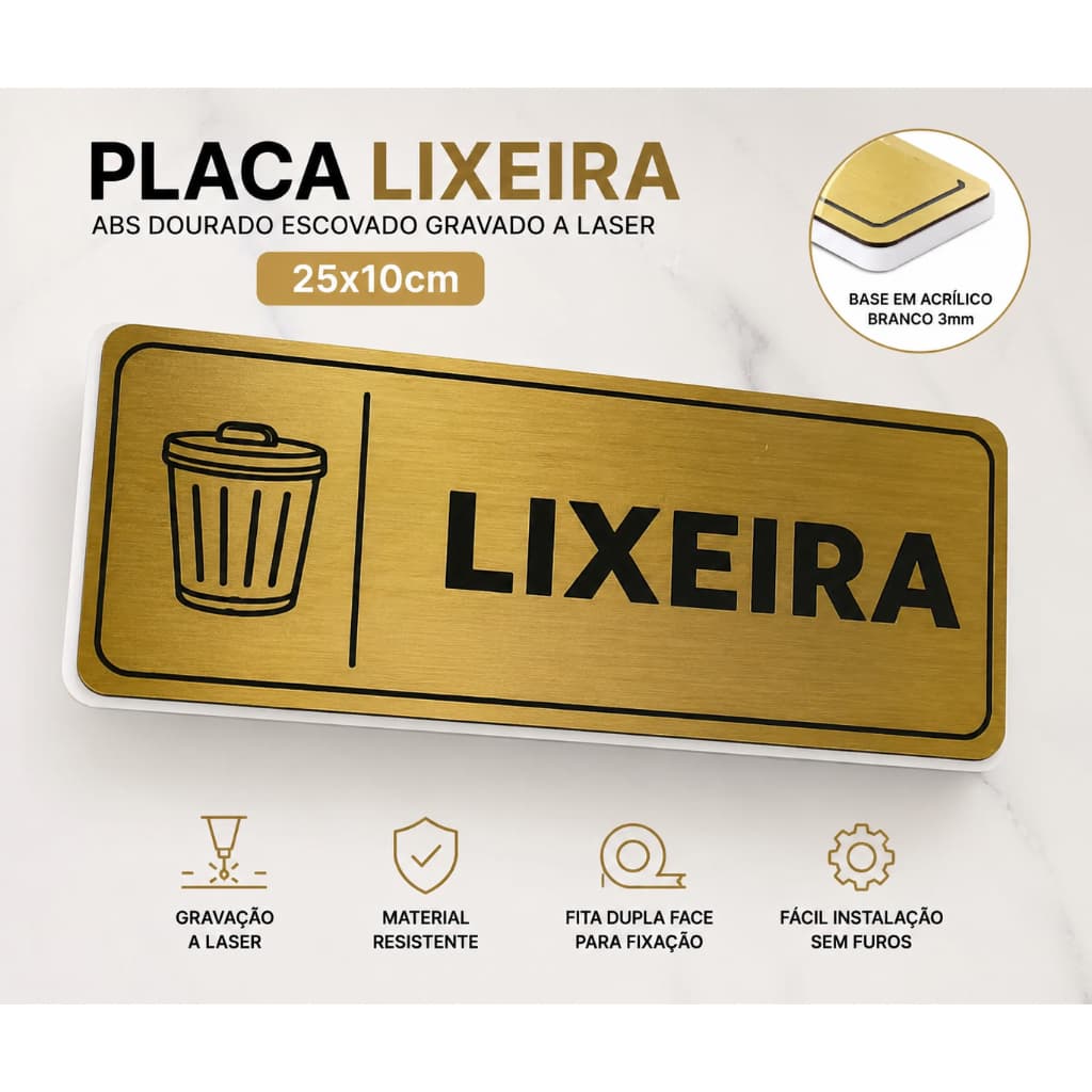 Placa Lixeira 25x10cm ABS Dourado Escovado com Fita Dupla Face | Sinalização Banheiro Escritório Condomínio
