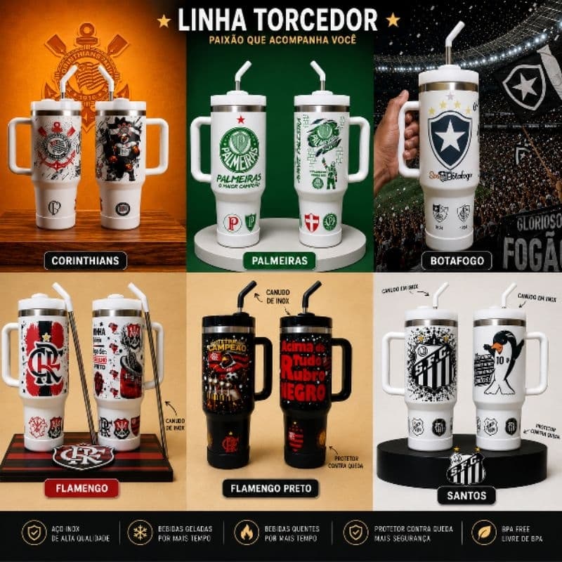 Copo garrafa térmica inox 1200ml com Canudo Personalizado Times Futebol  Brasileiro