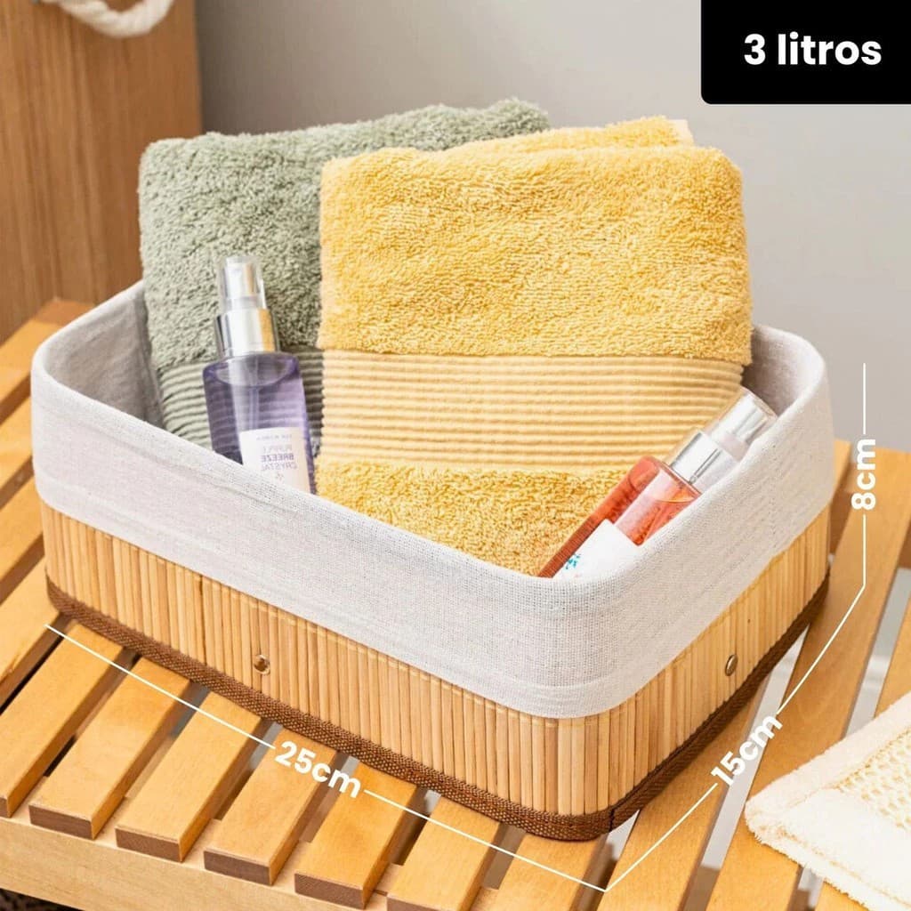 Kit 3 Cestos Organizador De Bambu Multiuso Com Forro