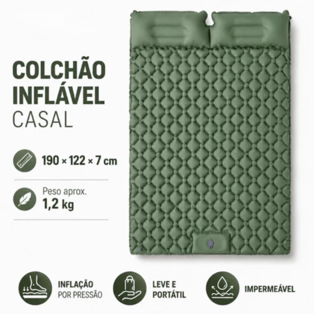 Colchão Inflável Portátil Casal para Acampamento com Travesseiro 190x120x5cm